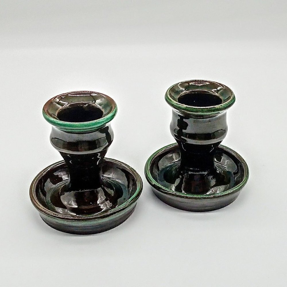 Green Glazed Red Clay Pottery Candle Holders (2)